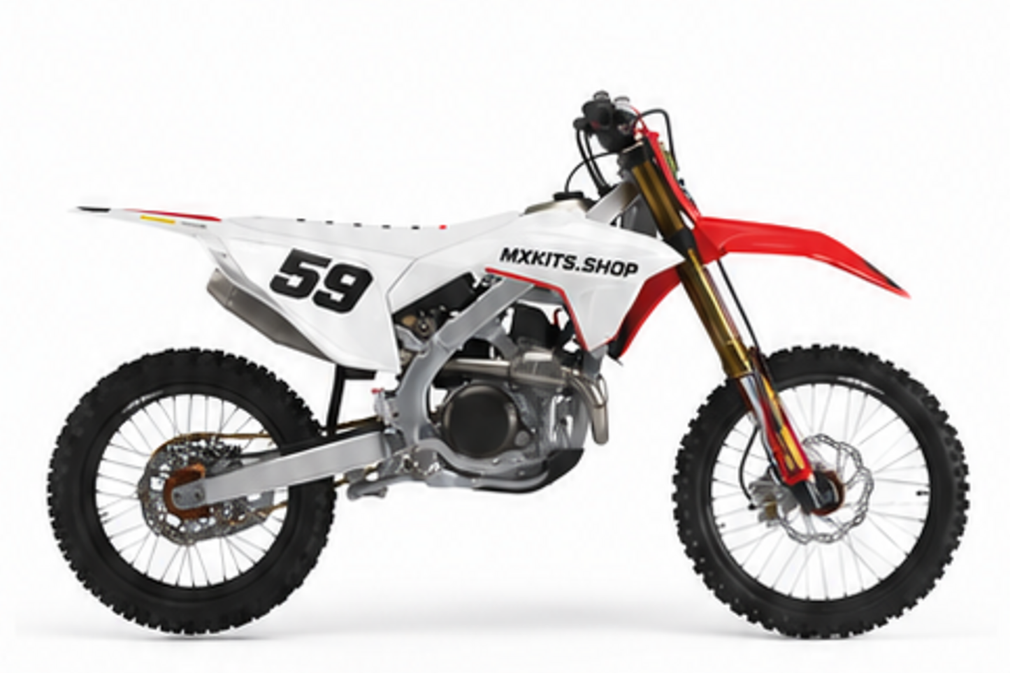 White Red Honda CRF custom motocross graphics kit in side view with personalized race number