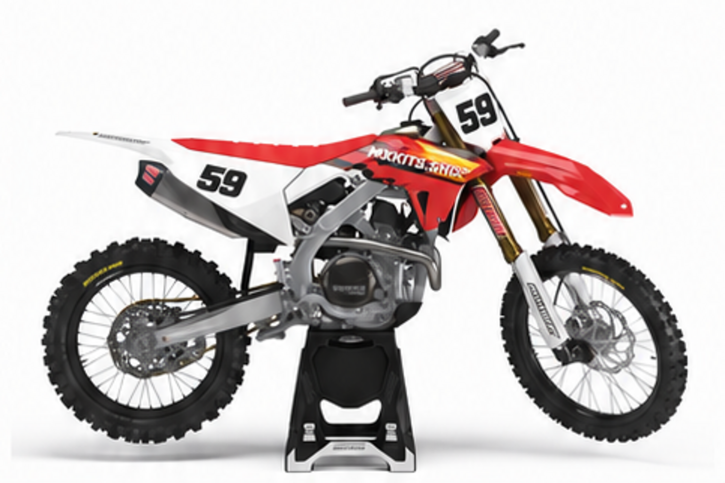 Red Black Honda CRF custom motocross graphics kit in side view with personalized race number