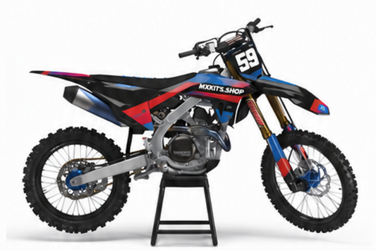 Honda CRF Motocross-Dekor-Kit in Rot, Schwarz in Seitenansicht mit personalisierter Startnummer