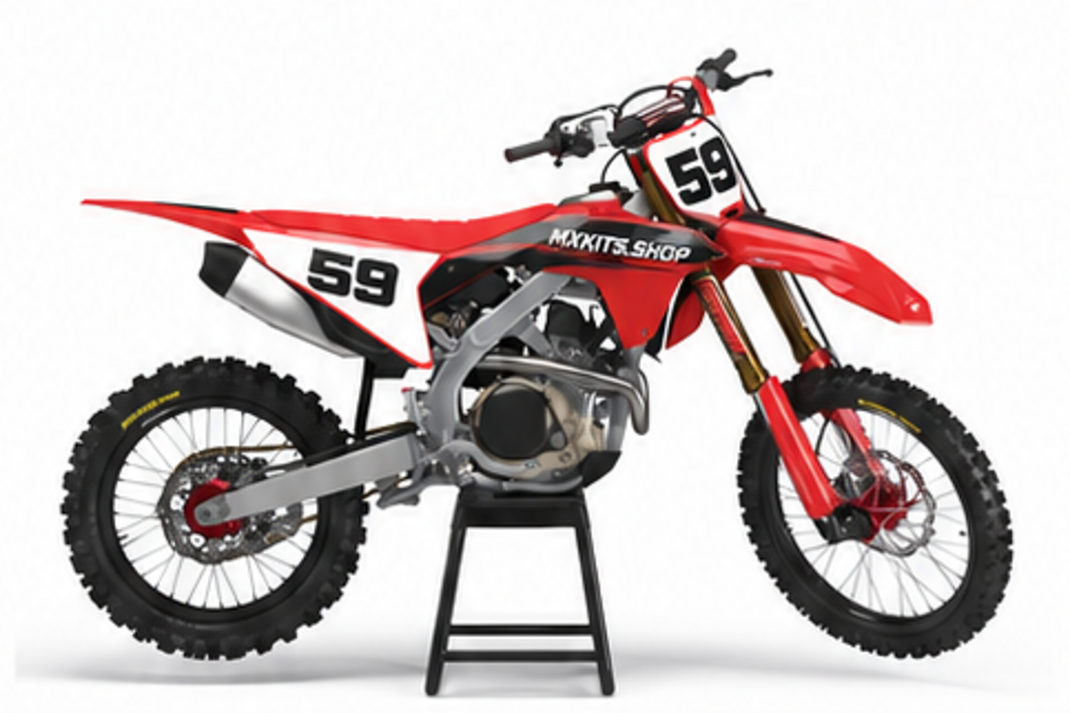 Red Black Honda CRF custom motocross graphics kit in side view with personalized race number