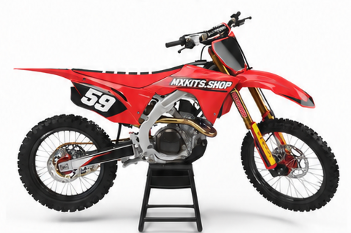 Red Black Honda CRF custom motocross graphics kit in side view with personalized race number