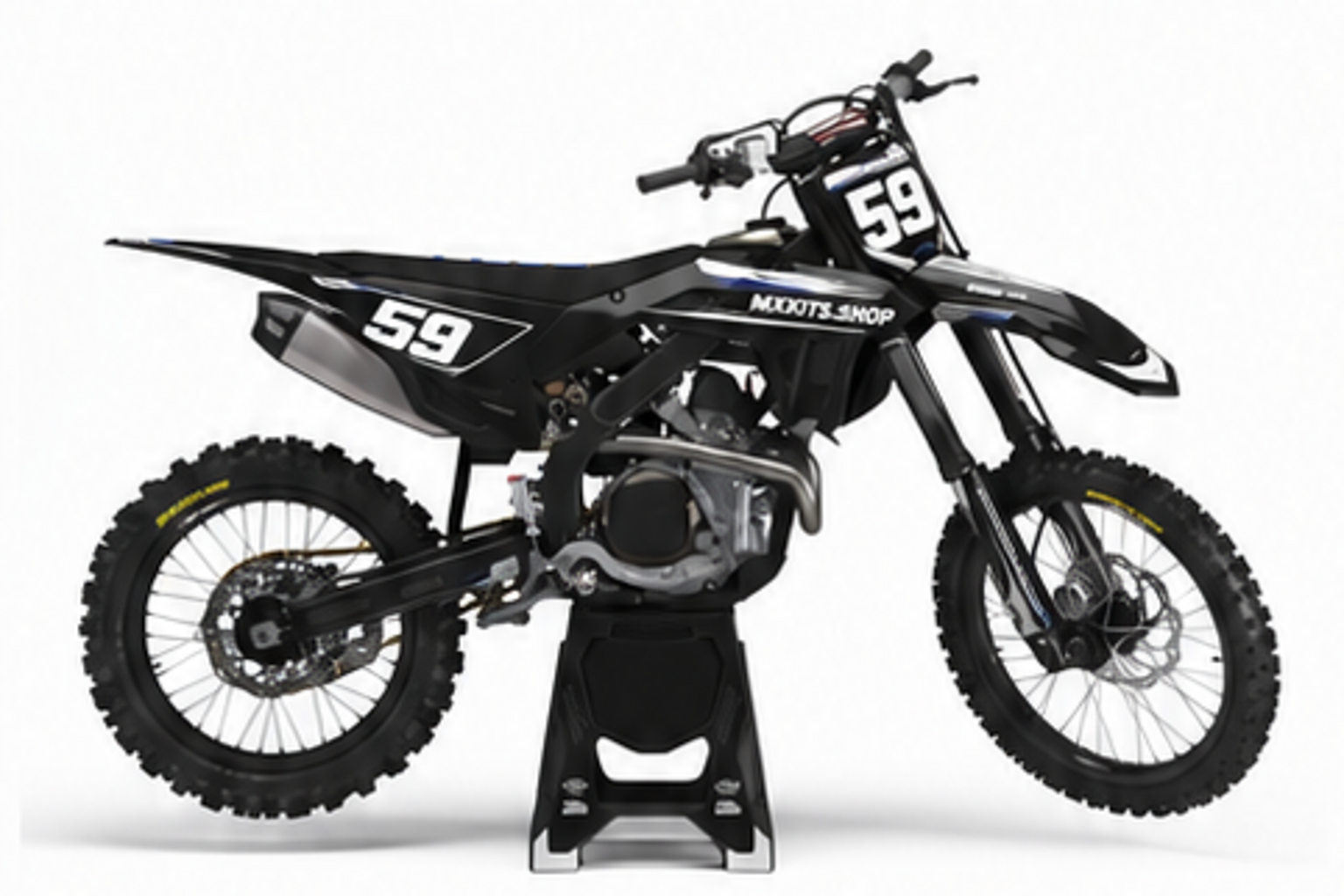 Red Black Honda CRF custom motocross graphics kit in side view with personalized race number