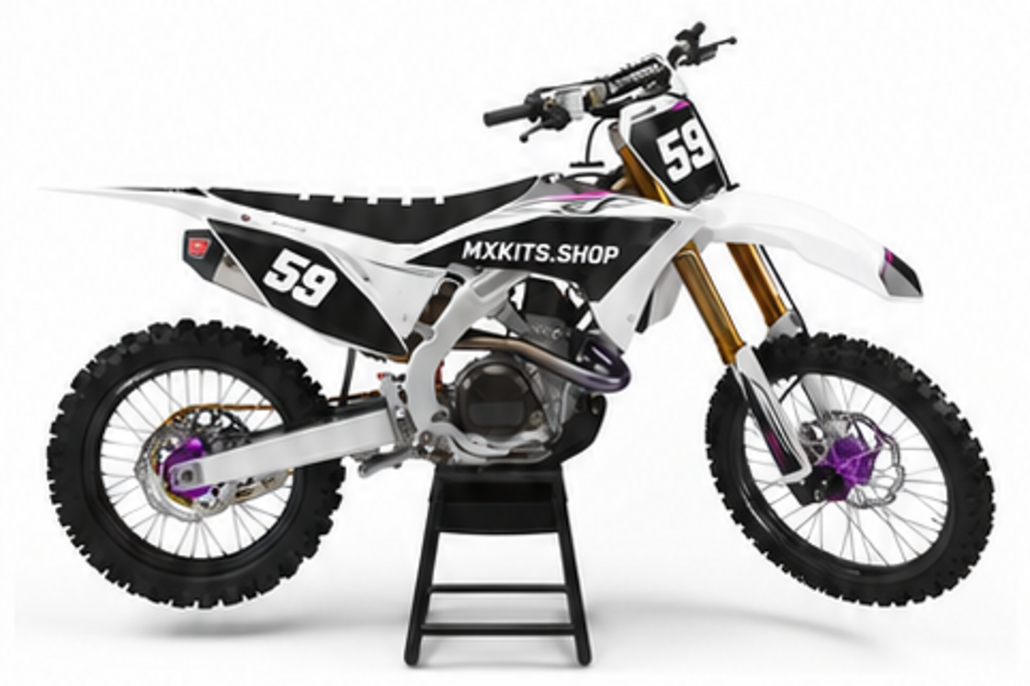 White Red Honda CRF custom motocross graphics kit in side view with personalized race number