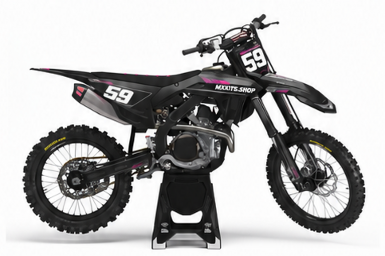 Purple Black Honda CRF custom motocross graphics kit in side view with personalized race number