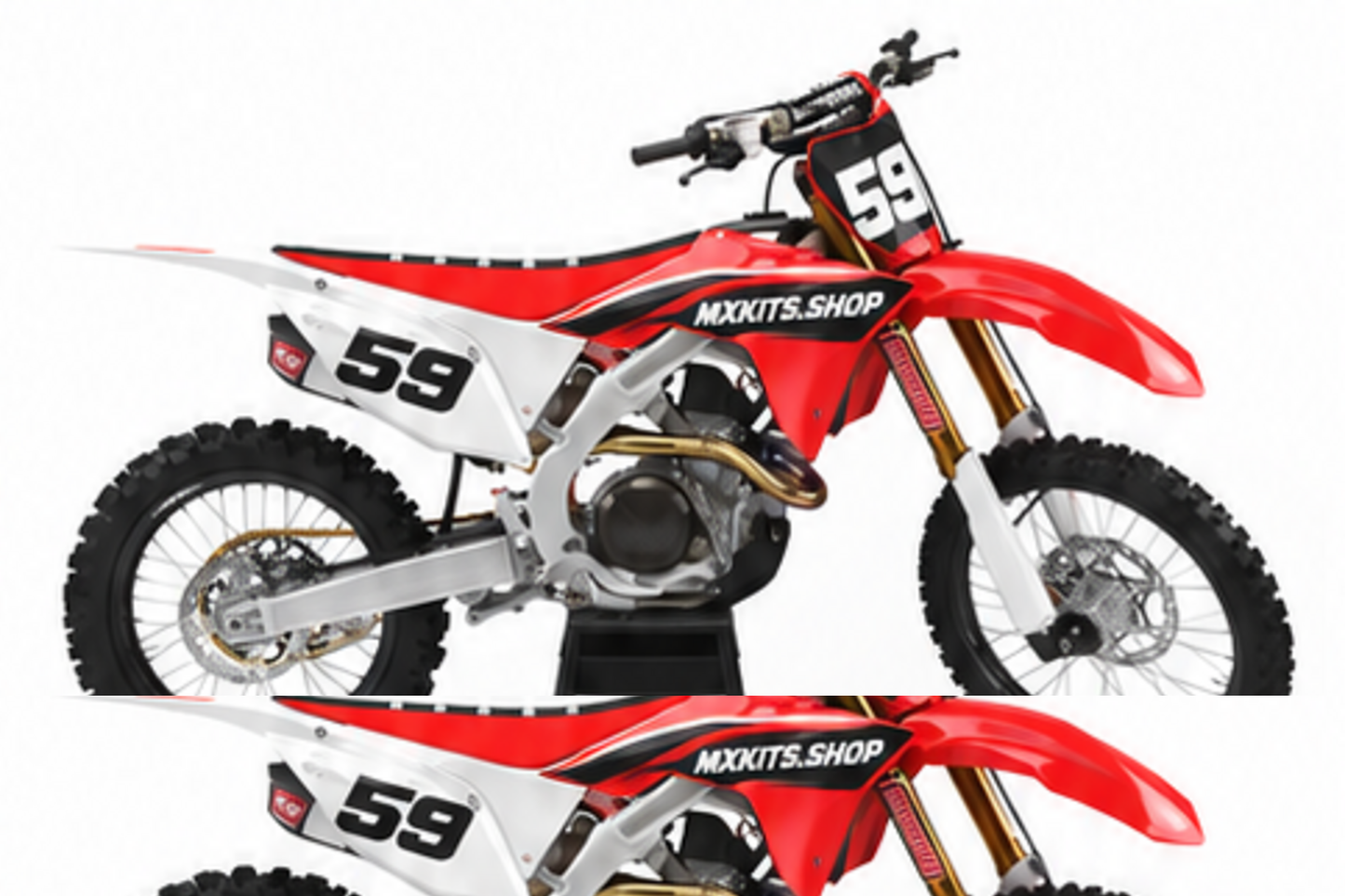 Red Black Honda CRF custom motocross graphics kit in side view with personalized race number