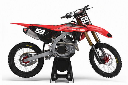 Honda CRF Motocross-Dekor-Kit in Rot, Schwarz in Seitenansicht mit personalisierter Startnummer