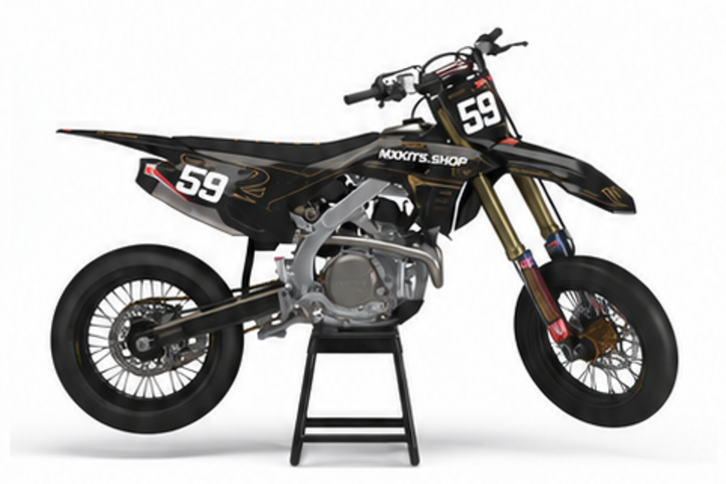 Red Black Honda CRF custom motocross graphics kit in side view with personalized race number