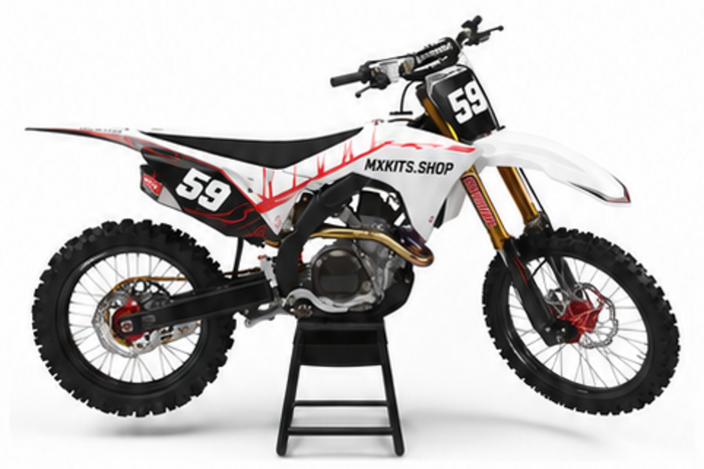 Red Black Honda CRF custom motocross graphics kit in side view with personalized race number