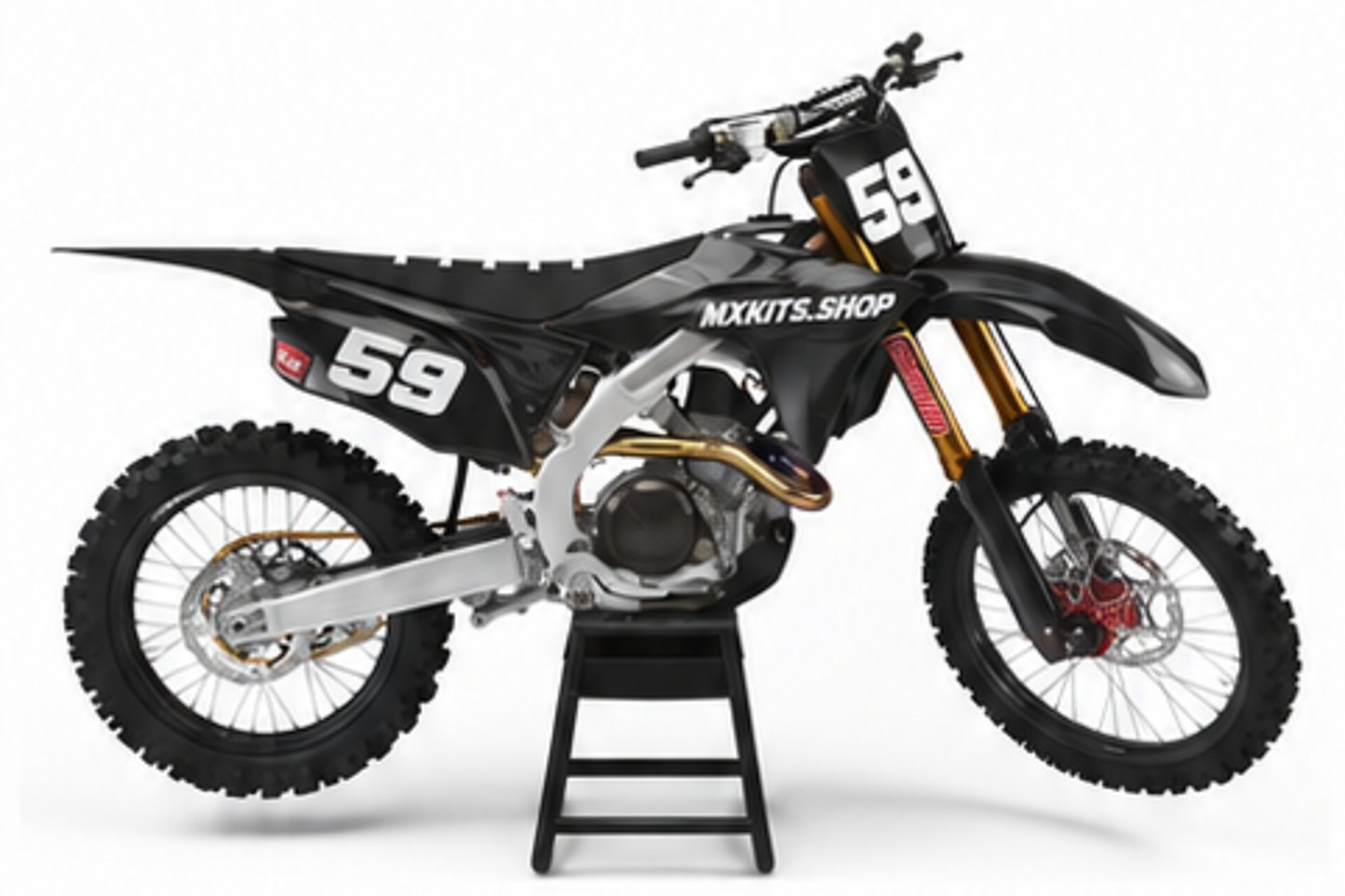 Red Black Honda CRF custom motocross graphics kit in side view with personalized race number