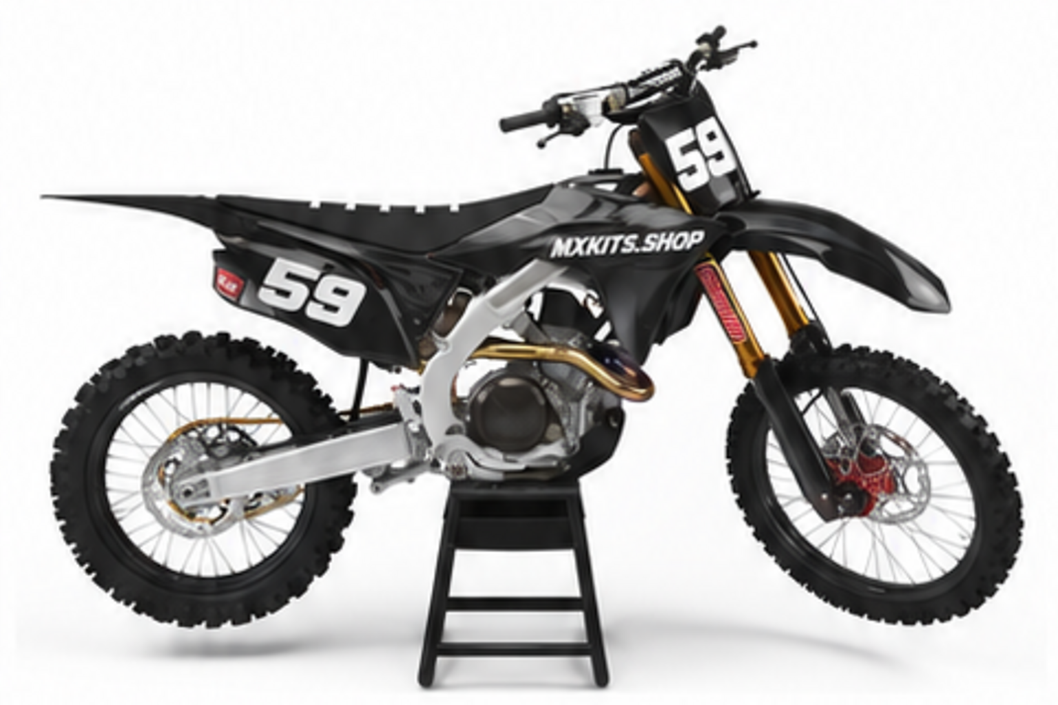 Red Black Honda CRF custom motocross graphics kit in side view with personalized race number