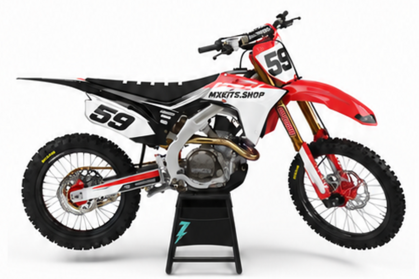 Red Black Honda CRF custom motocross graphics kit in side view with personalized race number