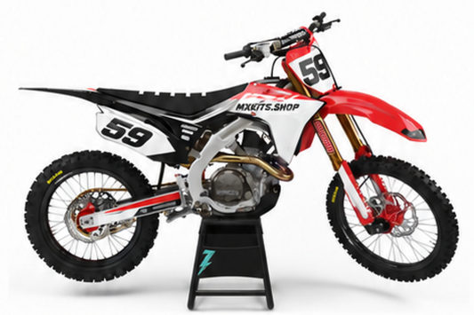 Honda CRF Motocross-Dekor-Kit in Rot, Schwarz in Seitenansicht mit personalisierter Startnummer