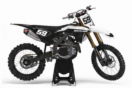 Honda CRF Motocross-Dekor-Kit in Rot, Schwarz in Seitenansicht mit personalisierter Startnummer
