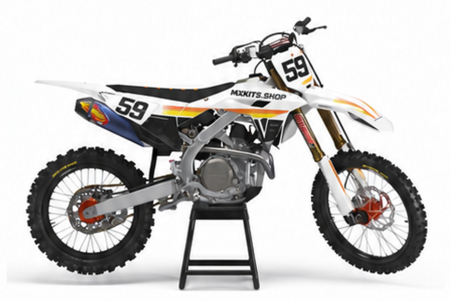 White Red Honda CRF custom motocross graphics kit in side view with personalized race number