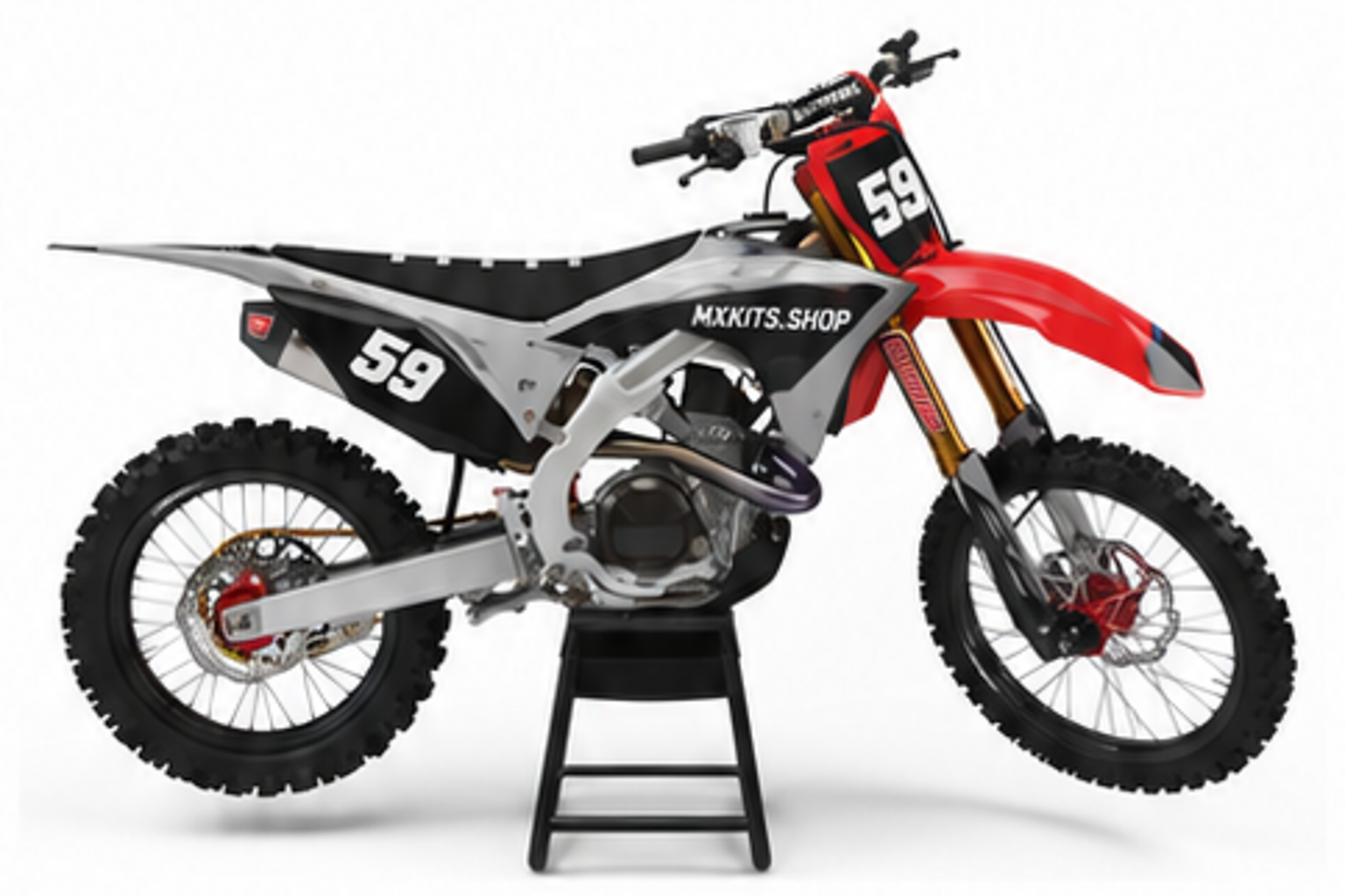 Red Black Honda CRF custom motocross graphics kit in side view with personalized race number