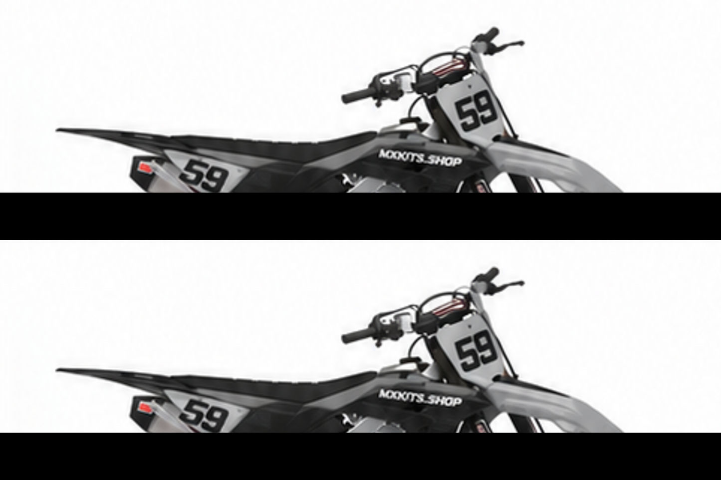 Grey Black Honda CRF custom motocross graphics kit in side view with personalized race number