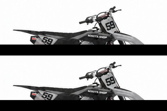 Honda CRF Motocross-Dekor-Kit in Grau, Schwarz in Seitenansicht mit personalisierter Startnummer