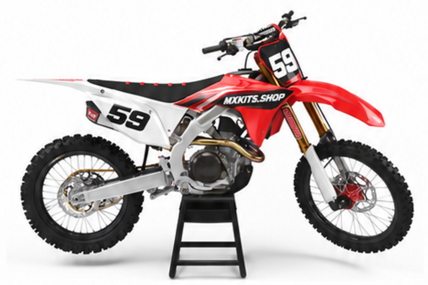 Red Black Honda CRF custom motocross graphics kit in side view with personalized race number