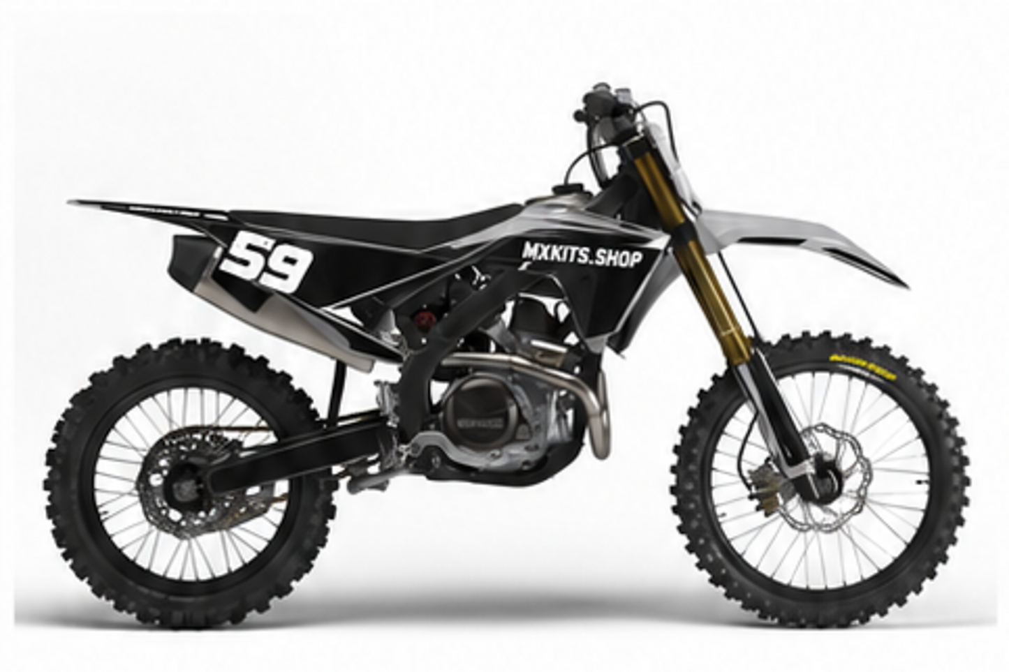 Black grey and white Honda CRF custom motocross graphics kit in side view