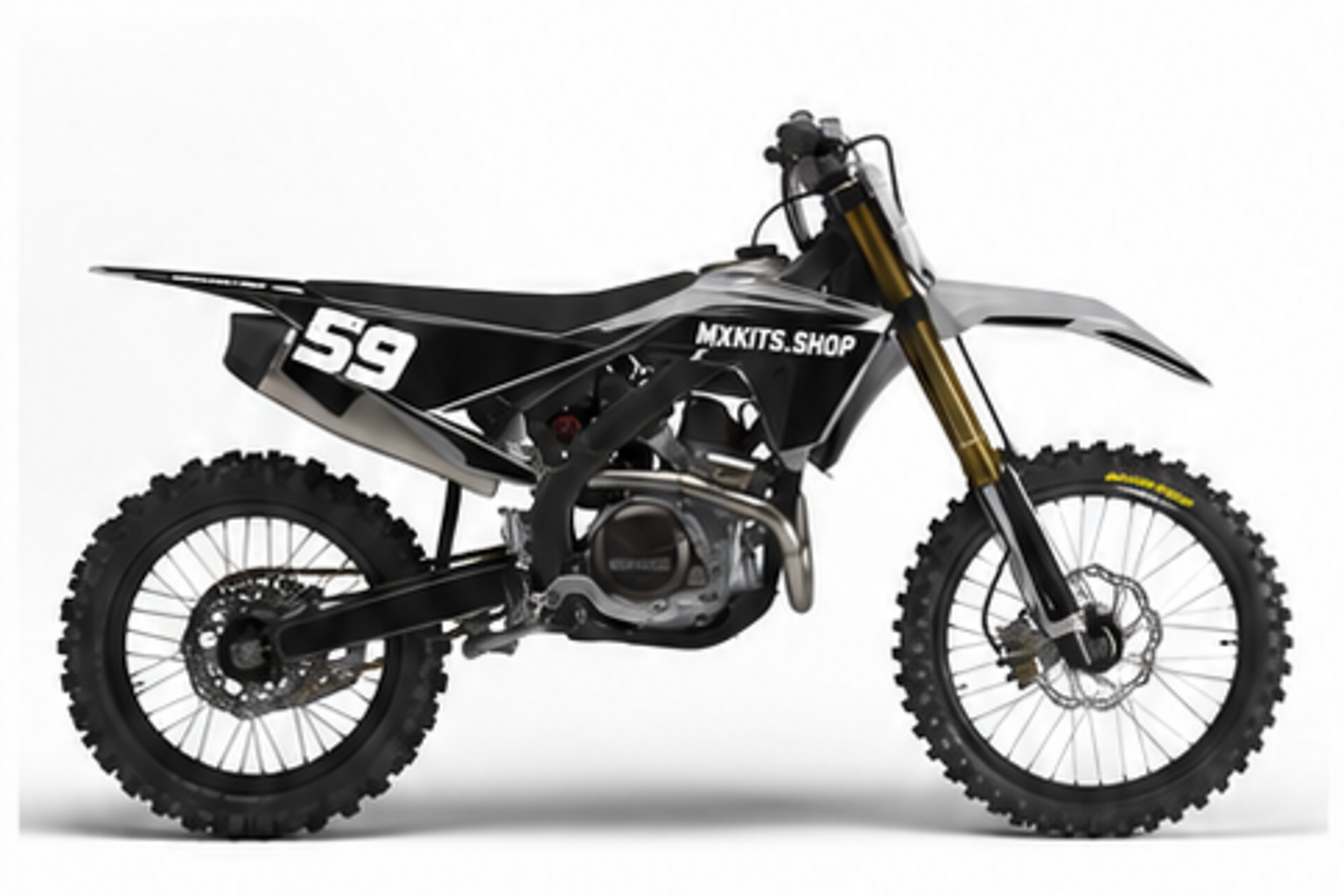 Black grey and white Honda CRF custom motocross graphics kit in side view
