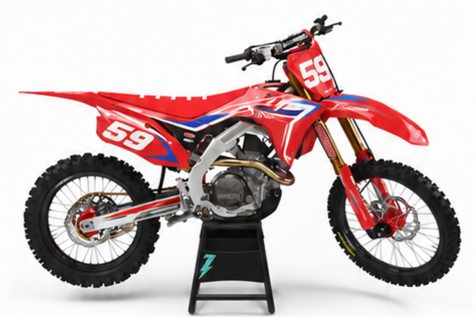 Red Black Honda CRF custom motocross graphics kit in side view with personalized race number
