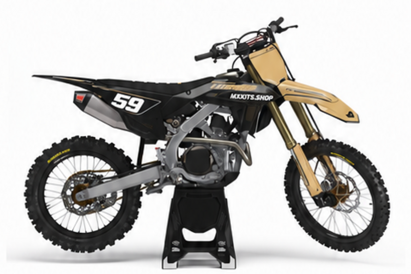 Red Black Honda CRF custom motocross graphics kit in side view with personalized race number
