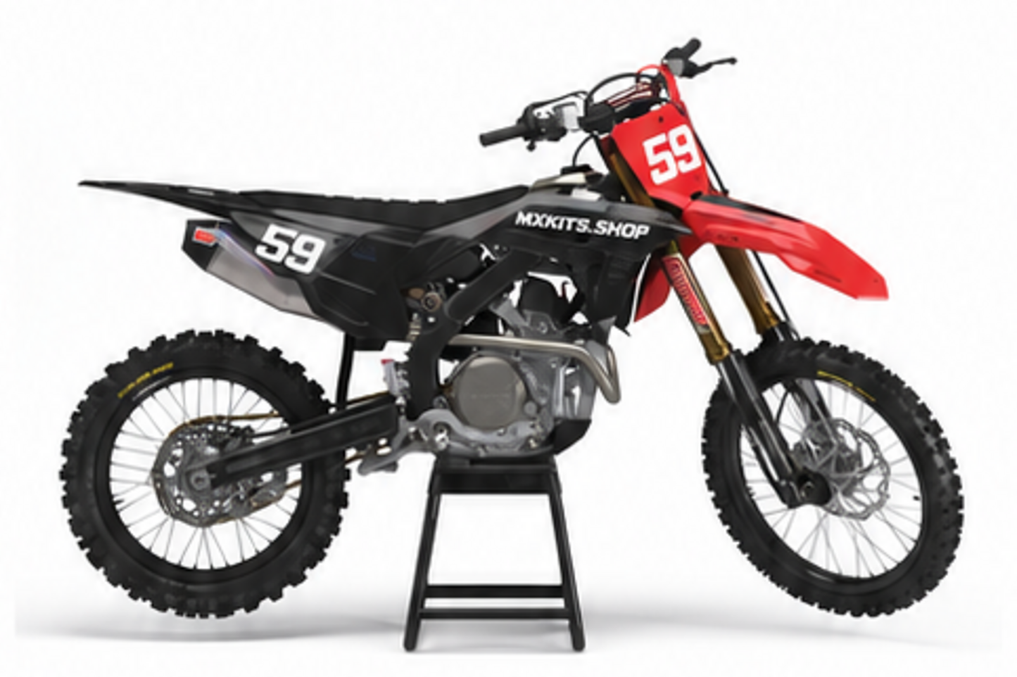Red Black Honda CRF custom motocross graphics kit in side view with personalized race number