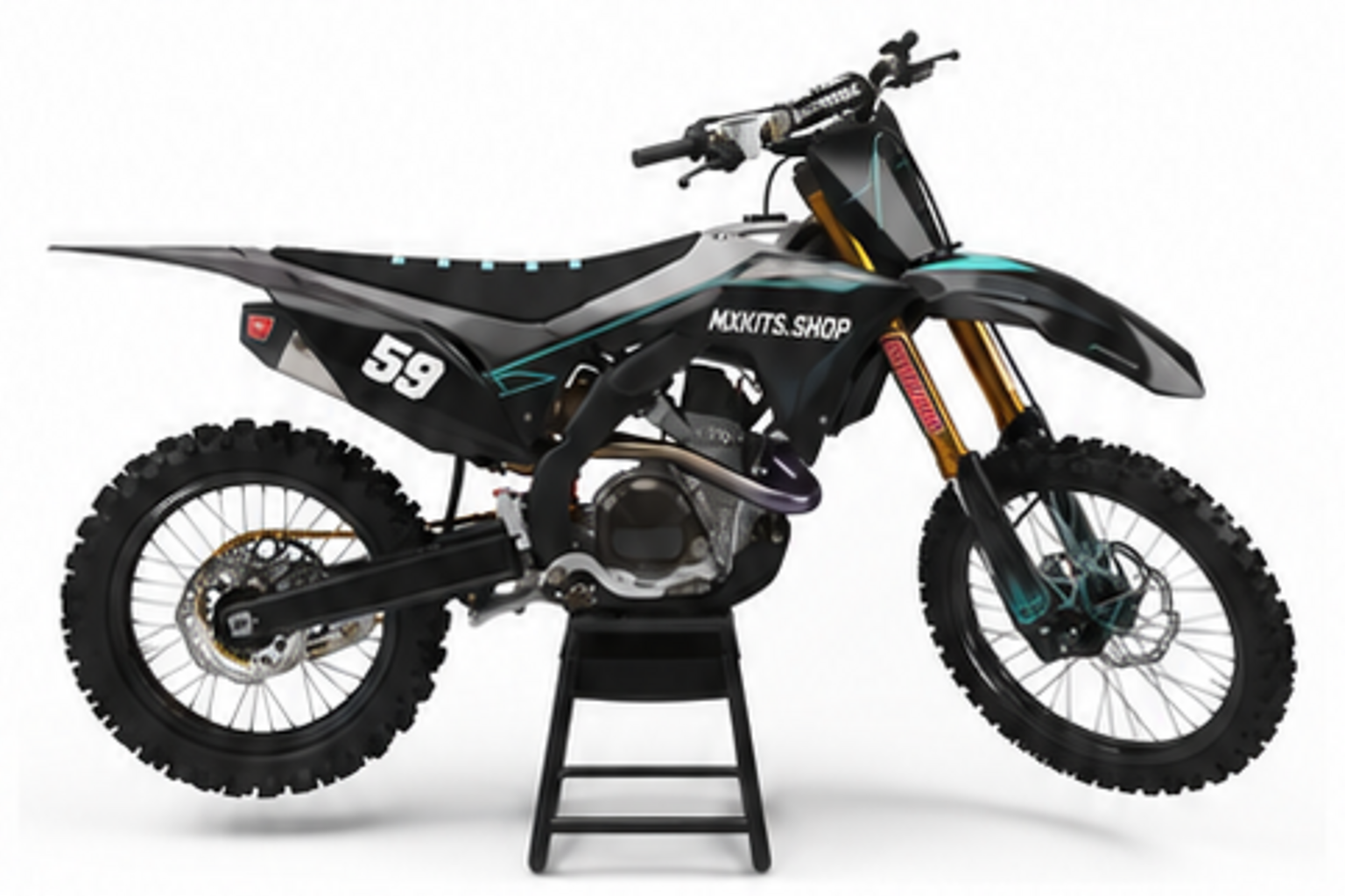 Red Black Honda CRF custom motocross graphics kit in side view with personalized race number
