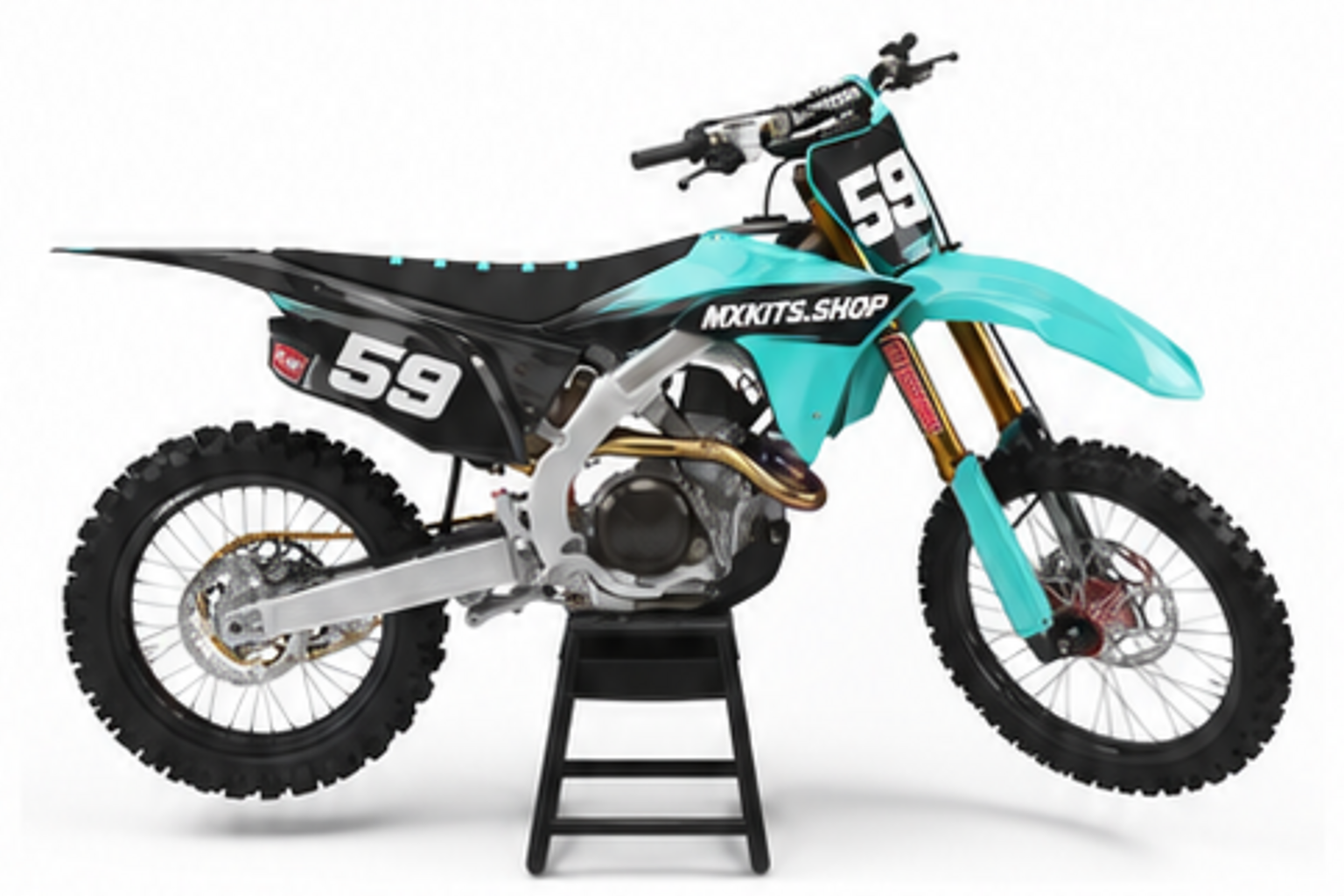 Teal Black Honda CRF custom motocross graphics kit in side view with personalized race number