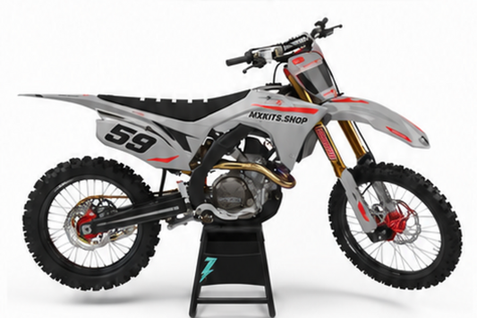 Honda CRF Motocross-Dekor-Kit in Grau, Schwarz in Seitenansicht mit personalisierter Startnummer