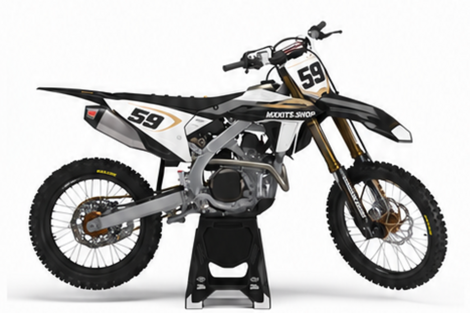 Black Charcoal Honda CRF custom motocross graphics kit in side view with personalized race number