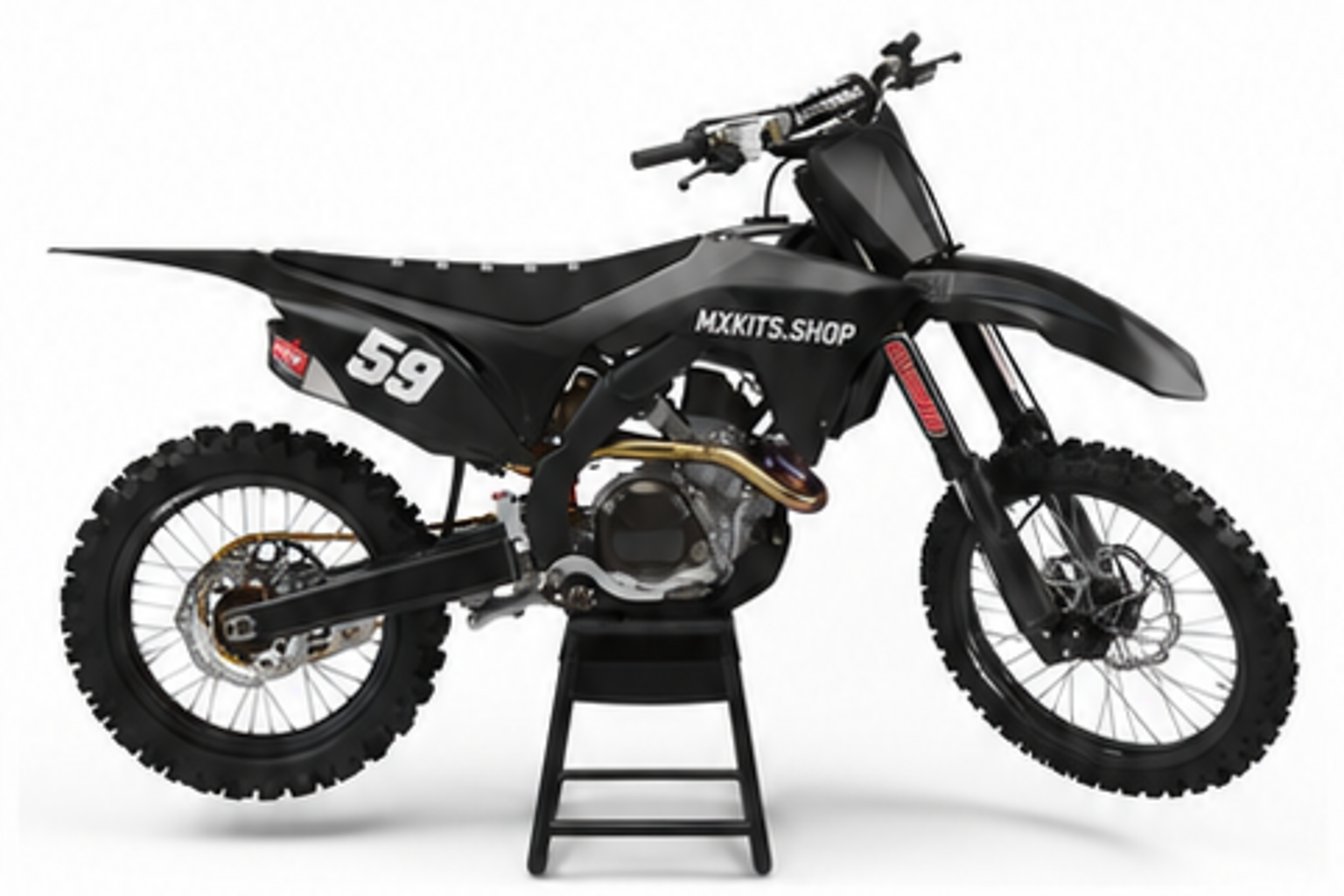 Red Black Honda CRF custom motocross graphics kit in side view with personalized race number