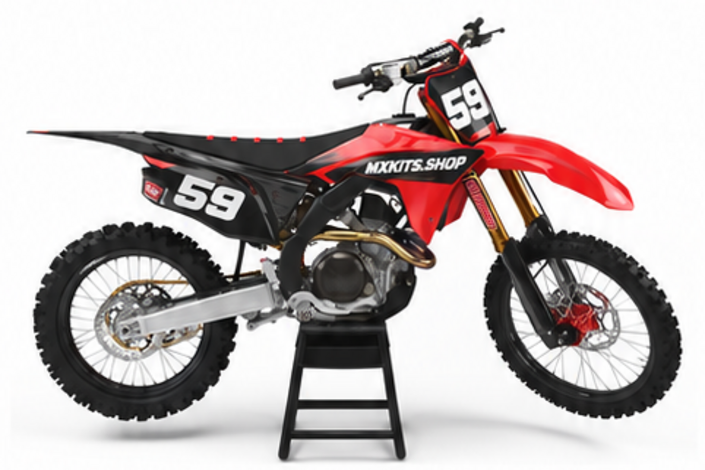 Grey Black Honda CRF custom motocross graphics kit in side view with personalized race number