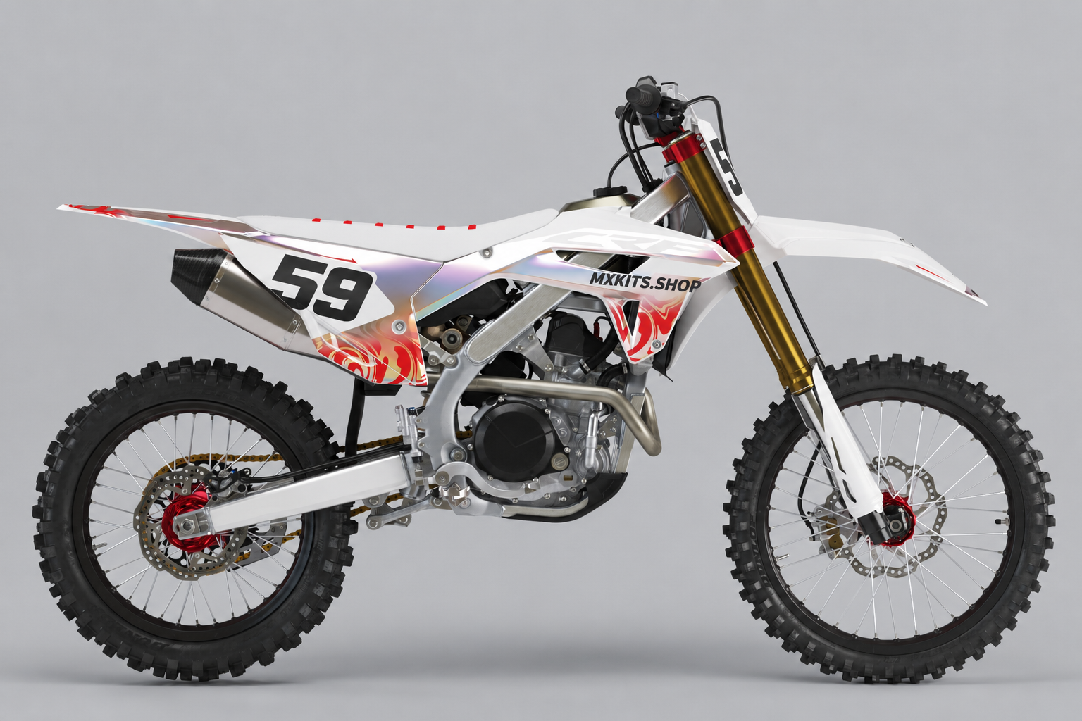 White Honda CRF custom motocross graphics kit with red flame accents and racing number