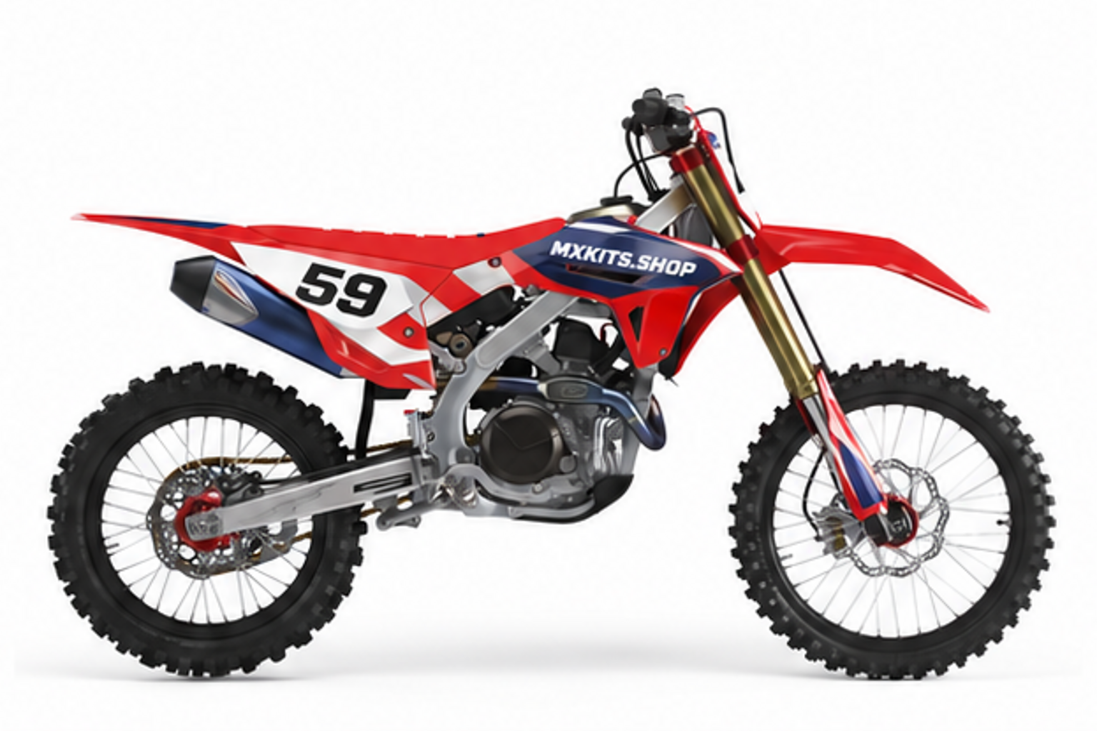 Red blue and white Honda CRF custom motocross graphics kit with personalized racing number