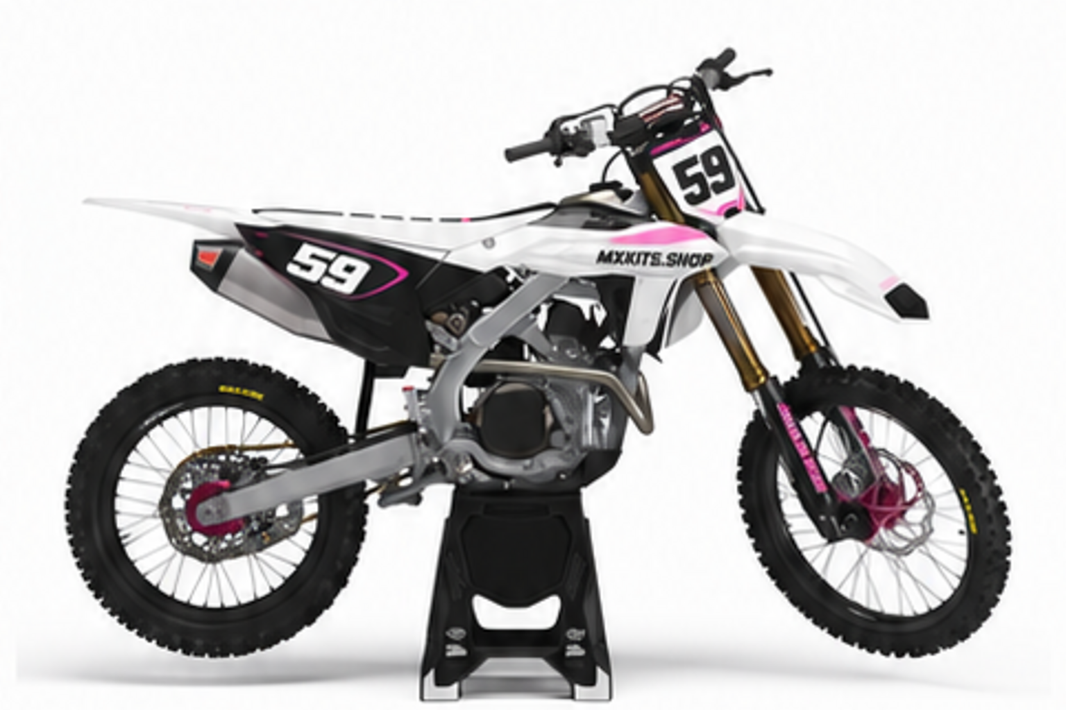 Magenta Red Honda CRF custom motocross graphics kit in side view with personalized race number