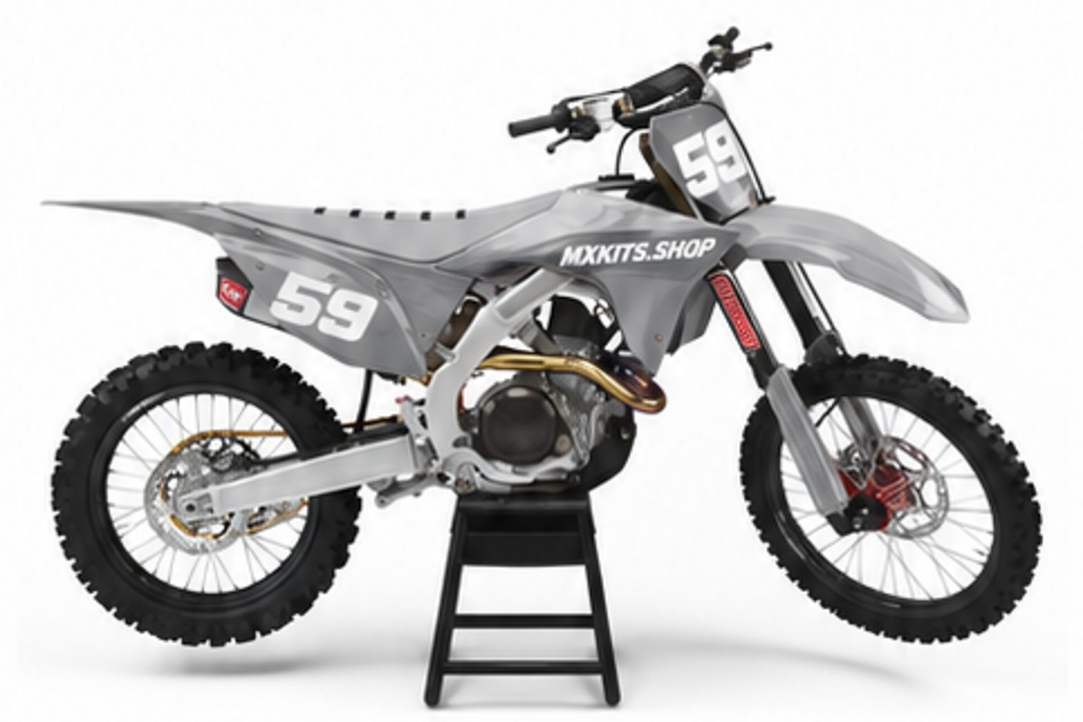 Grey Black Honda CRF custom motocross graphics kit in side view with personalized race number