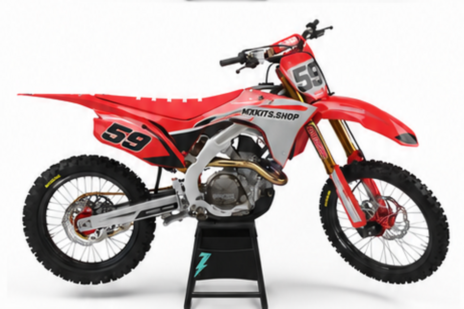 Red Black Honda CRF custom motocross graphics kit in side view with personalized race number