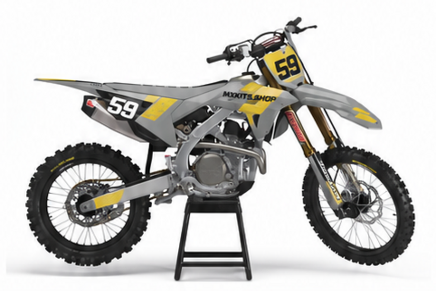 Grey Black Honda CRF custom motocross graphics kit in side view with personalized race number