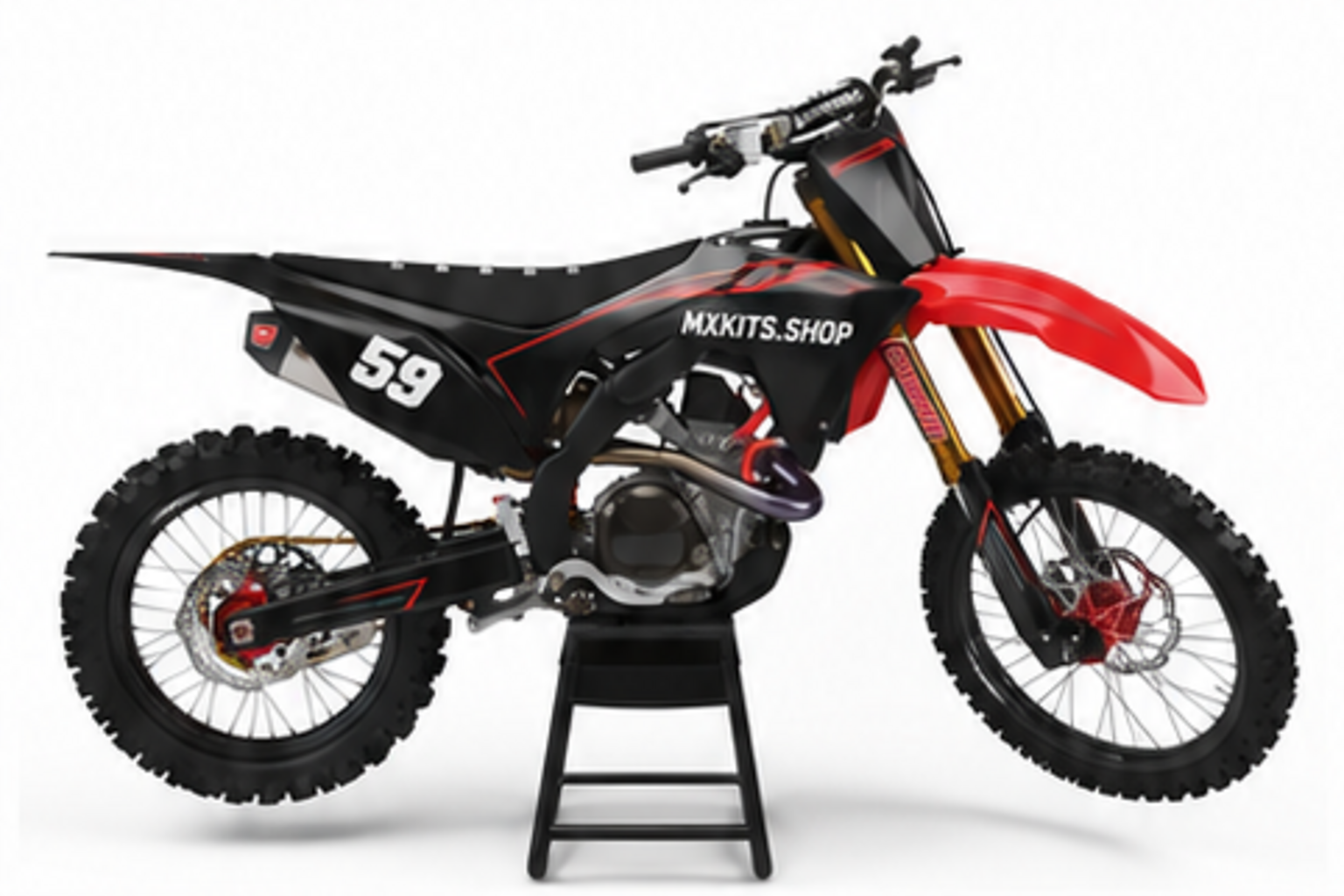 Red Black Honda CRF custom motocross graphics kit in side view with personalized race number