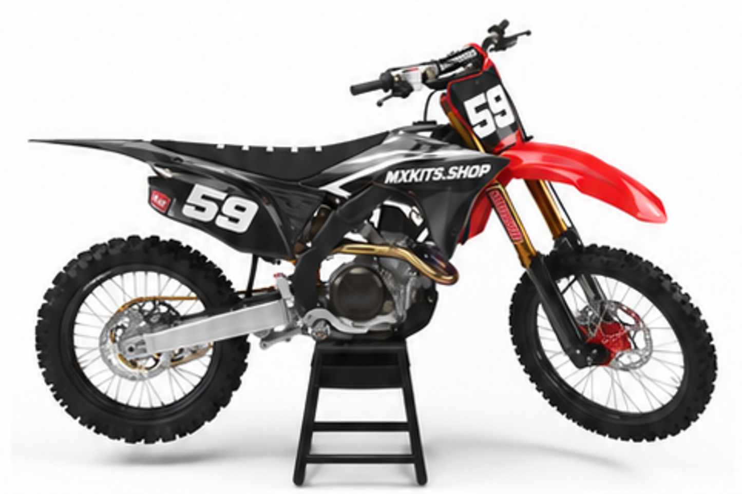 Red Black Honda CRF custom motocross graphics kit in side view with personalized race number