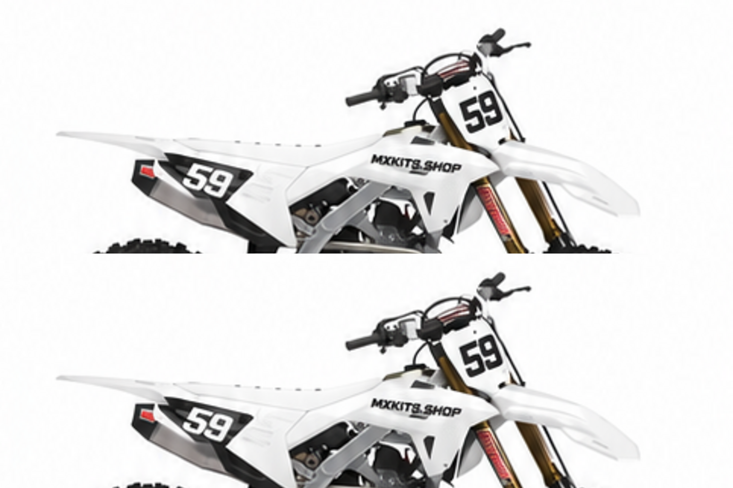 White Red Honda CRF custom motocross graphics kit in side view with personalized race number