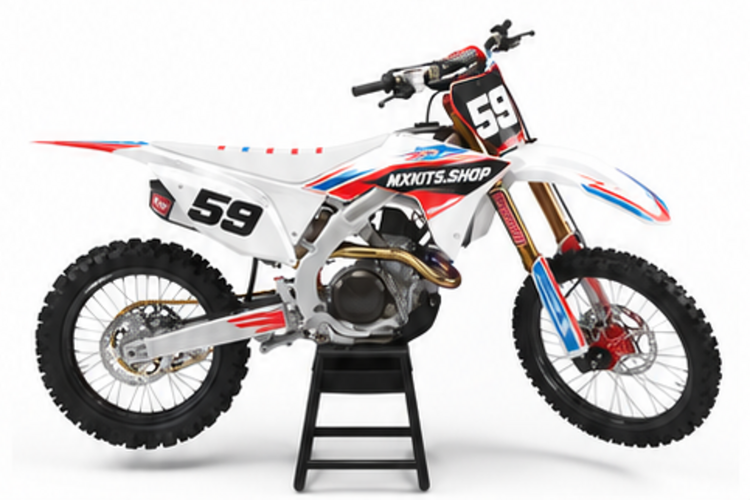 Red Black Honda CRF custom motocross graphics kit in side view with personalized race number