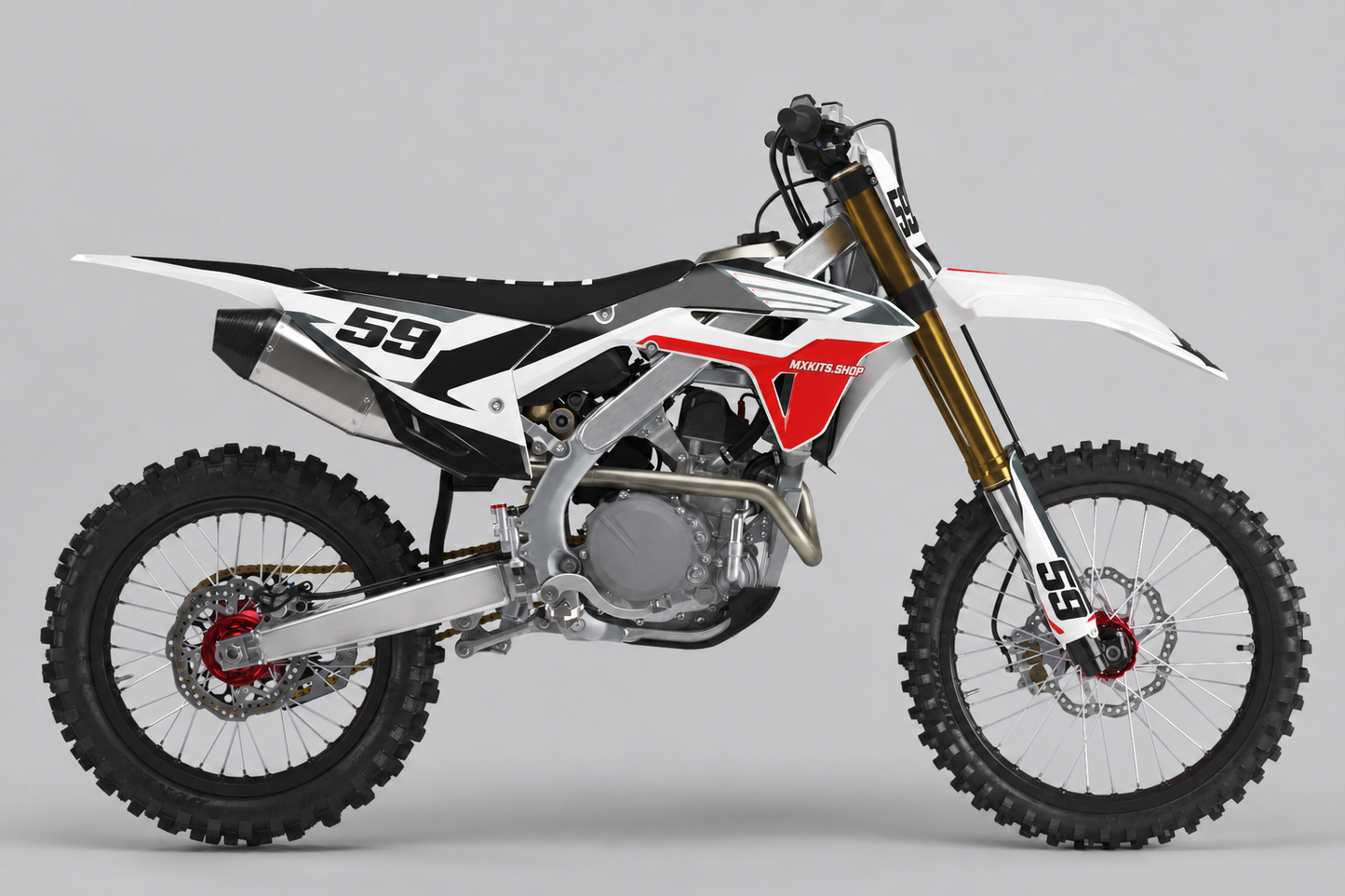 Black white and magenta Honda CRF personalized motocross graphics kit in studio side view