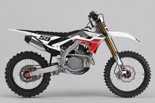 Personalisiertes Honda CRF Motocross-Dekor-Kit in Schwarz, Weiß und Magenta in seitlicher Studioansicht