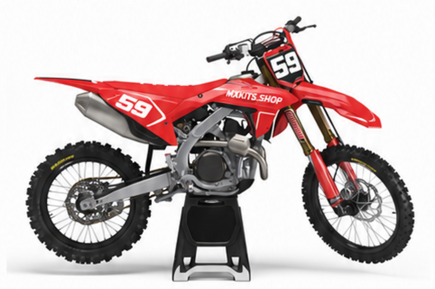 Red Black Honda CRF custom motocross graphics kit in side view with personalized race number