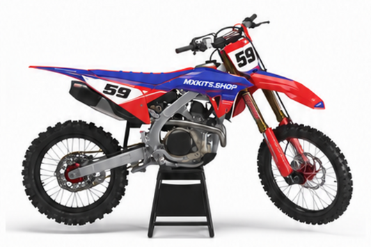 Honda CRF Motocross-Dekor-Kit in Rot, Schwarz in Seitenansicht mit personalisierter Startnummer