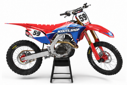 Honda CRF Motocross-Dekor-Kit in Rot, Blau in Seitenansicht mit personalisierter Startnummer