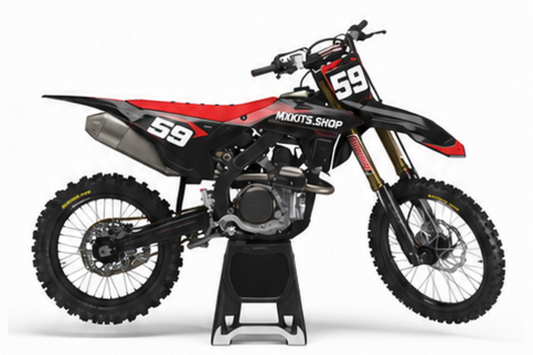 Honda CRF Motocross-Dekor-Kit in Schwarz, Anthrazit in Seitenansicht mit personalisierter Startnummer