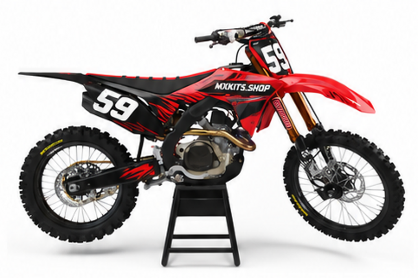 Red Black Honda CRF custom motocross graphics kit in side view with personalized race number